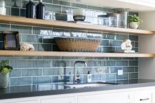 13 a chic kitchen with white cabinetry, open shelves, a blue tile backsplash is a chic farmhouse space with a touch of coastal decor