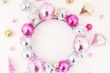 13 a colorful disco ball Christmas wreath in gold, silver and pink is amazing for the holidays