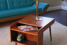 26 a lovely rich-stained mid-century modern coffee table with open storage compartments is a good idea for a nightstand, too