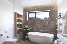 30 a refined bathroom with white walls and a statement brown marble wall and floor, modern wooden furniture and white appliances