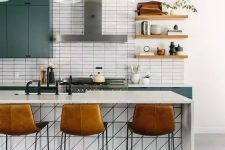 32 a blue kitchen with a white stacked subway tile backsplash and white stone countertops is a very chic and bold idea