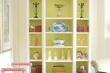 34 a storage unit with open shelves and chartreuse backing is a fantastic idea, this color makes your decor stand out