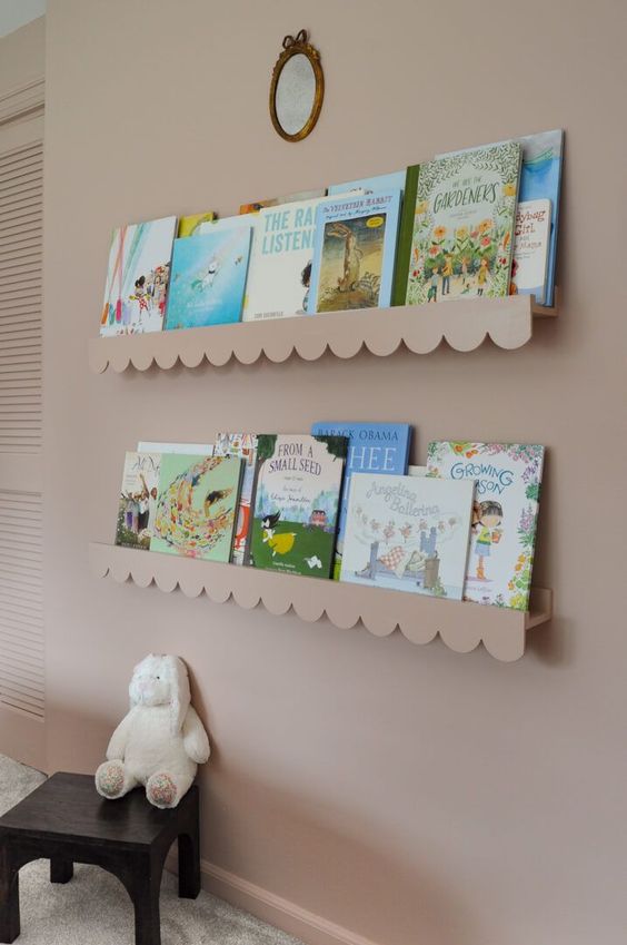 kids' bookshelves with a scallop edge are great for a nursery or a kids' room, you may add such an edge yourself