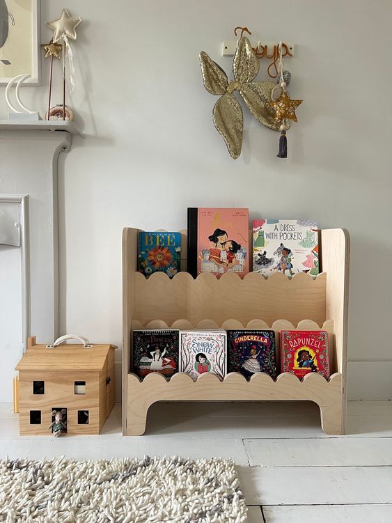a scallop kids' bookshelf of plywood is a cool idea for a nursery or a kids' room, it looks cute