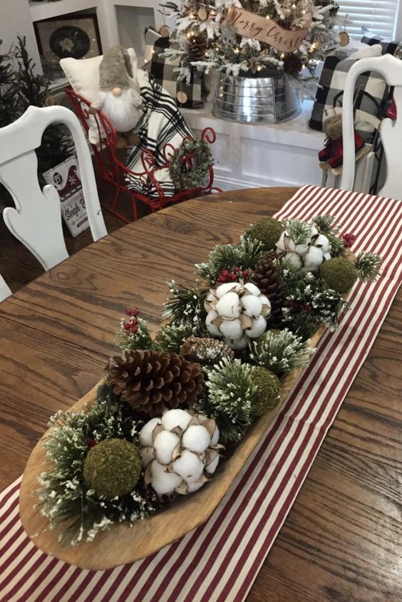 a Christmas arrangement of a wooden bowl with moss balls, pinecones, evergreens and cotton balls is a cool idea