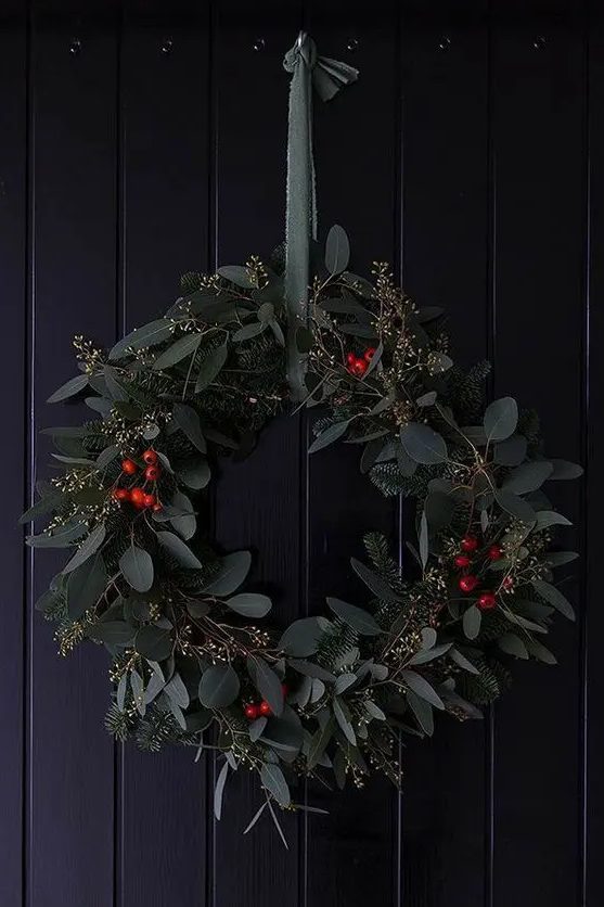 a beautiful modern Christmas wreath of evergreens, eucalyptus and berries is a stylish and timeless solution