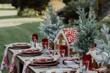 a cozy table setting with a plaid runner