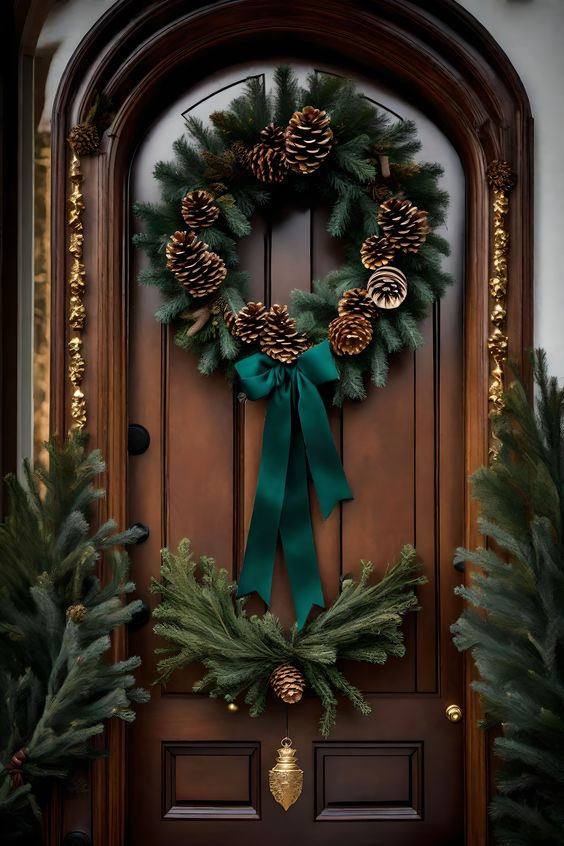 a classic rustic Christmas wreath of evergreens, pinecones and a green bow is amazing