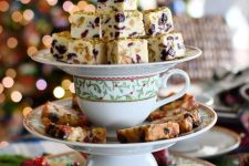a printed stand with sweets and cake pieces is a perfect idea for a Christmas tea party