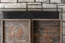 delicate string art pieces, a Christmas tree and a deer done with brown string on stained wood pieces are cool