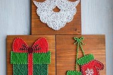 pretty Christmas-themed string art pieces with mittens, a gift and a Santa beard and hat all done in traditional Christmas colors