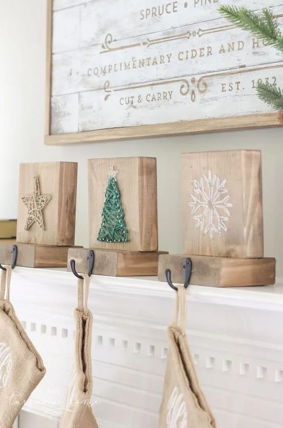 three string art pieces, a snowflake, tree and star, styled for Christmas, they will bring a rustic feel to the space
