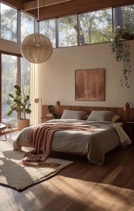 A light filled earthy bedroom with windows and a glazed wall, a bed with neutral bedding, nightstands with lamps and greenery