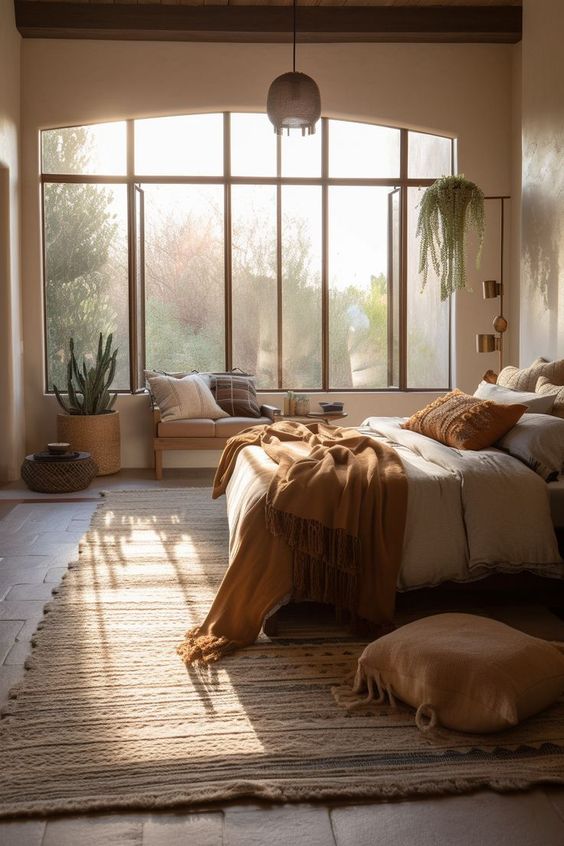 A light filled earthy boho bedroom with a bed with rust bedding and a large boho rug, pillows and potted plants