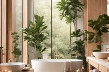 07 a neutral bathroom with large windows, a tub, a long vanity, an additional one, some potted trees