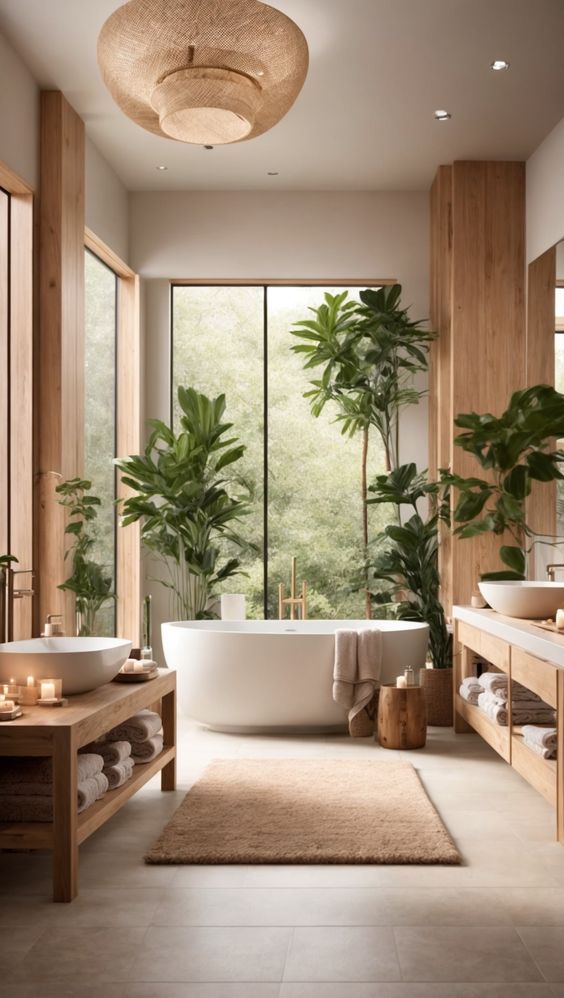 a neutral bathroom with large windows, a tub, a long vanity, an additional one, some potted trees