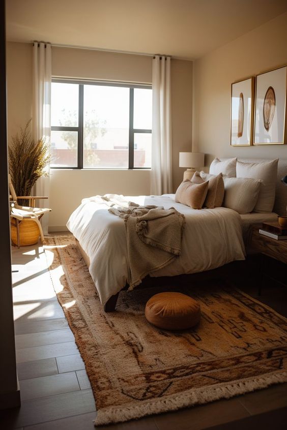 an earthy bedroom with tan walls and a ceiling, a bed with neutral bedding, a printed rug and a chair plus some artwork