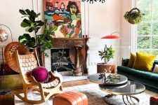 13 a bold living room with an orange ceiling, a rocker chair, a dark green sofa and colorful pillows, a fireplace, an orange pouf