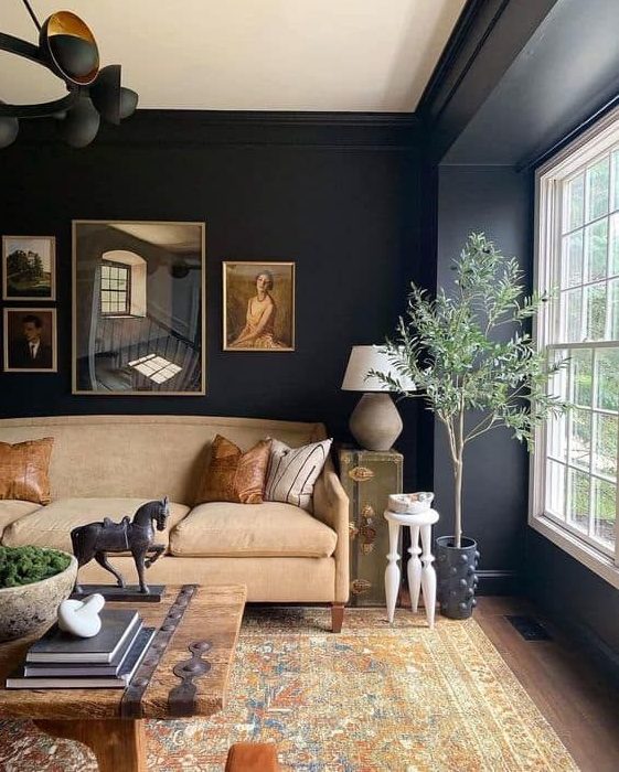 an elegant black living room with a tan sofa, a coffee table with books and decor, a potted plant and some art