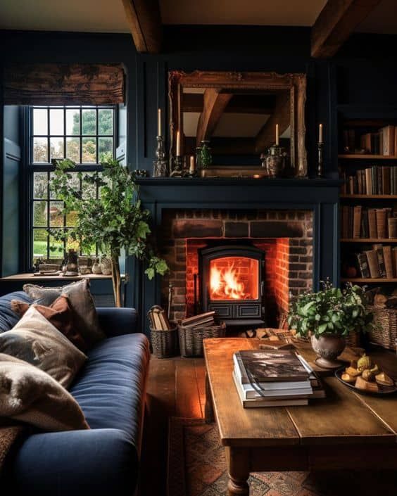 a moody living room with soot walls, a grey sofa, a low coffee table, a hearth and some bookshelves