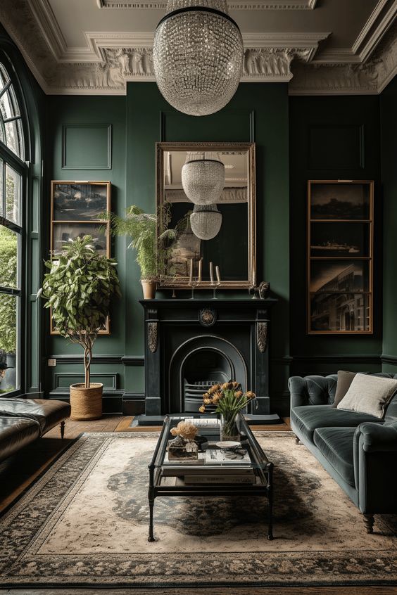 a moody living room with dark green walls, a black fireplace, a dark green sofa, a coffee table and a brown daybed