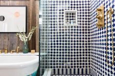 34 extra bold navy and white checked tiles will add geometric and interest to the bathroom making it cooler