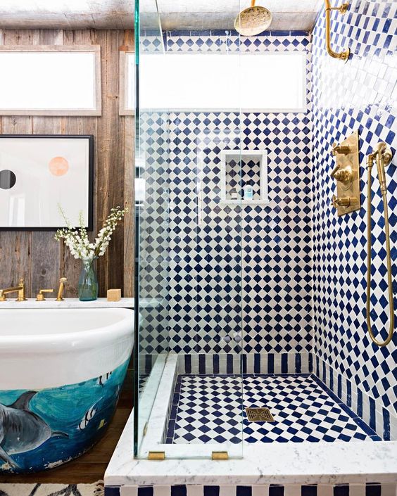 extra bold navy and white checked tiles will add geometric and interest to the bathroom making it cooler
