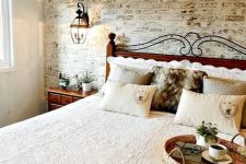 39 a whitewashed red brick headboard wall is an interesting solution to add color to the space