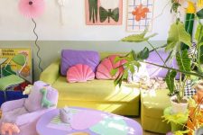 50 a crazily colorful dopamine-infused living room with a chartreuse sofa, purple and pink pillows, colorful rugs and plants