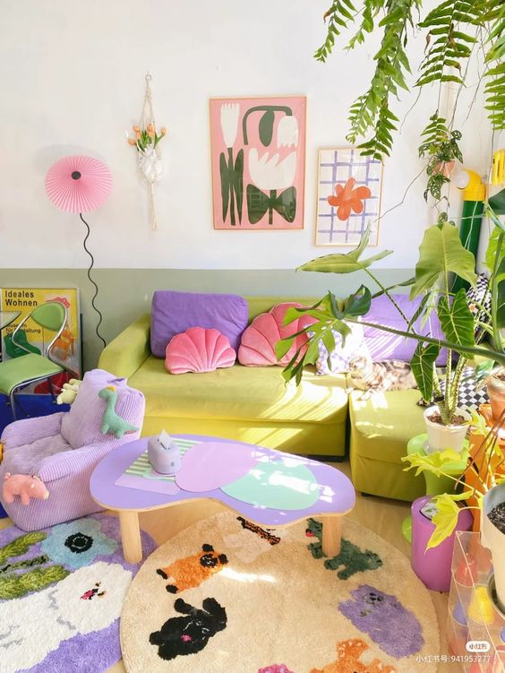 A crazily colorful dopamine infused living room with a chartreuse sofa, purple and pink pillows, colorful rugs and plants