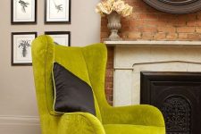 a bold chartreuse chair with a black pillow is a cool color accent to the space, it will make it brighter