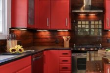 a bold kitchen with cozy wooden backsplash