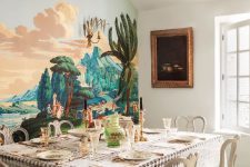 a chartreuse floor and a bold wall mural make this dining room unusual, and vintage furniture creates a contrast