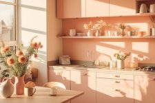 a gorgeous Peach Fuzz kitchen with an open shelf, a stone countertop a table and plywood chairs, some blooms