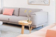 a grey and a Peach Fuzz sofa create a very welcoming and lovely ambience with their soft looks