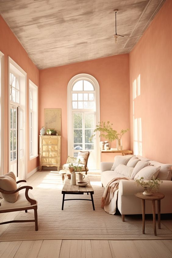 a refined and welcoming Peach Fuzz living room with a sofa, a coffee table, a chair and some vintage furniture is adorable