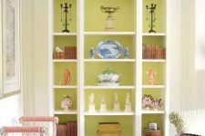 a storage unit with open shelves and chartreuse backing is a fantastic idea, this color makes your decor stand out