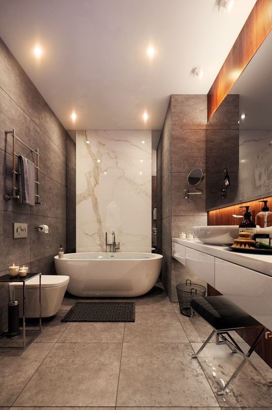a stylish contemporary bathroom with light brown tiles, tan tiles, white marble and white appliances