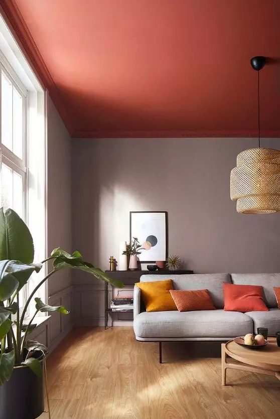 a stylish modern living room with grey walls, a terracotta ceiling, a grey sofa with bold pillows, a black table and a stained one