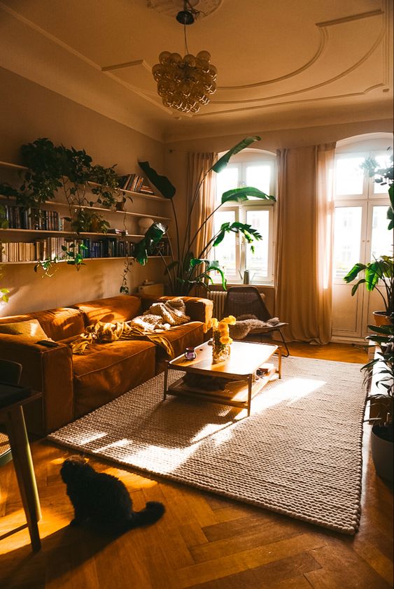 A sun filled living room with greige walls, a rust colored sofa, a neutral rug, a tiered coffee table and potted plants