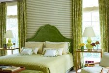 an eye-catchy bedroom with a chartreuse bed and bedding, a chartreuse bench and lamps is a fun and catchy space