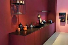 a bold and minimal burgundy kitchen with burgundy walls and cabinets, black countertops, metal shelves and pendant lamps