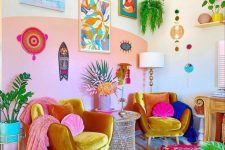 a colorful room with a stylish gallery wall