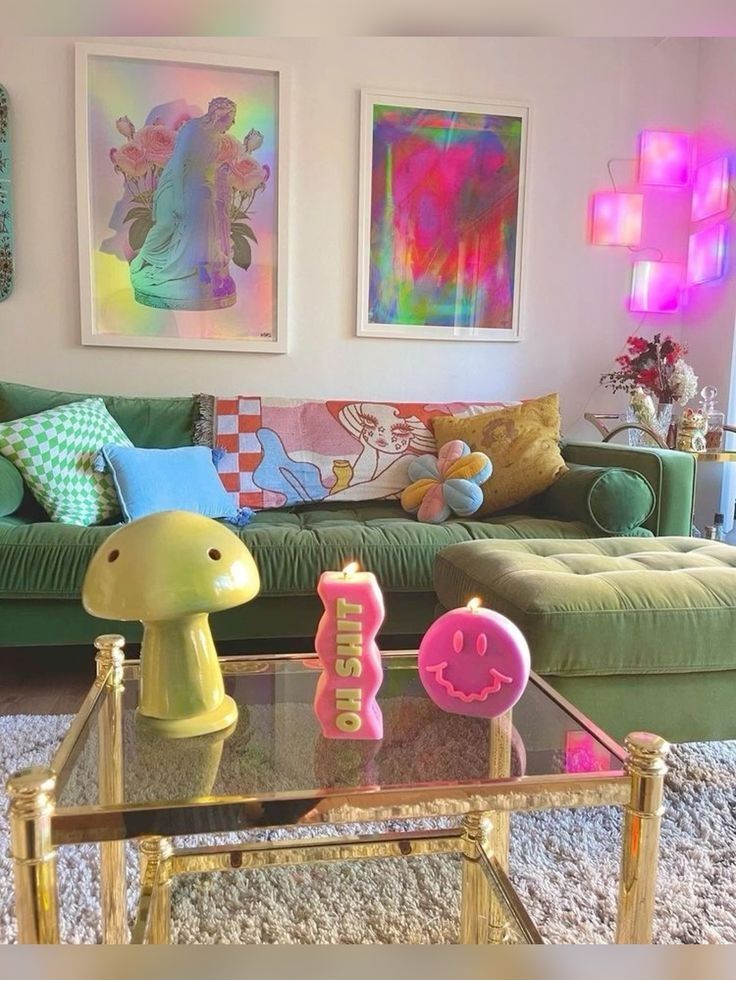 a dopamine decor living room with a green sofa and ottoman, a clear coffee table, bright decor and a neon lamp