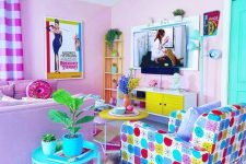 a dopamine decor living room with light pink walls, a lilac sofa with pillows, a colorful print chair, a turquoise side table and bold decor