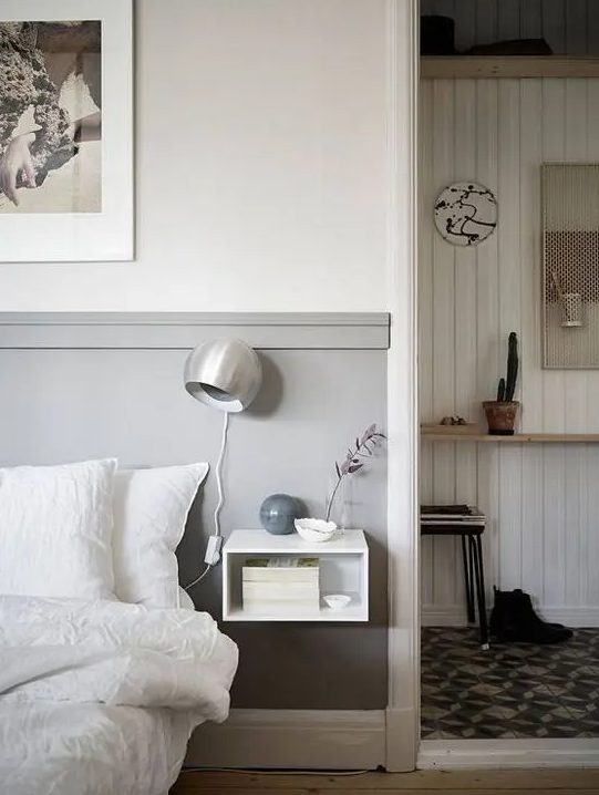 A floating nightstand is the perfect space saving solution for a small bedroom