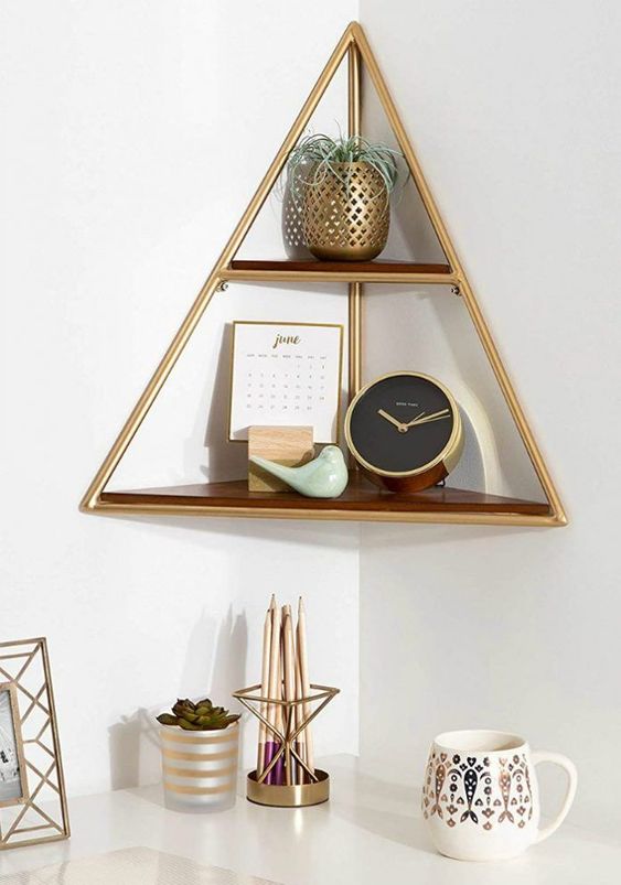 a floating triangle corner shelf will save your floor or table space easily helping you to organize well