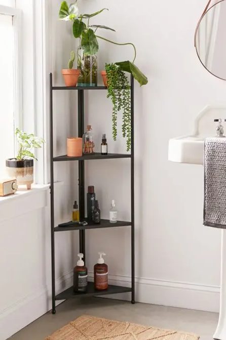 a modern black corner shelving unit is a great thing for a bathroom, it will save much space and will bring your comfort