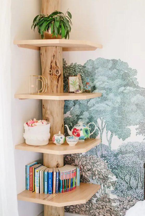 a rustic wooden shelf of a tree trunk and wooden shelves fits a corner perfectly and looks very warming and cozy