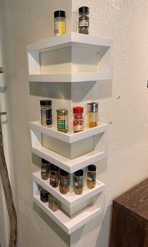 a set of small corner shelves like this one will make your kitchen or cooking zone more functional and will save some space